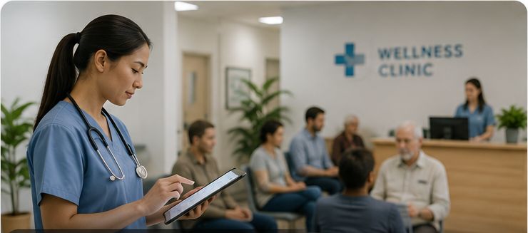 A clinician with a tablet in a busy waiting room