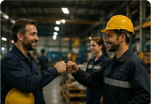 Two workers greeting each other on a factory floor