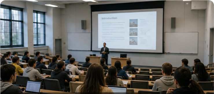 Students in a lecture theatre facing a presentation