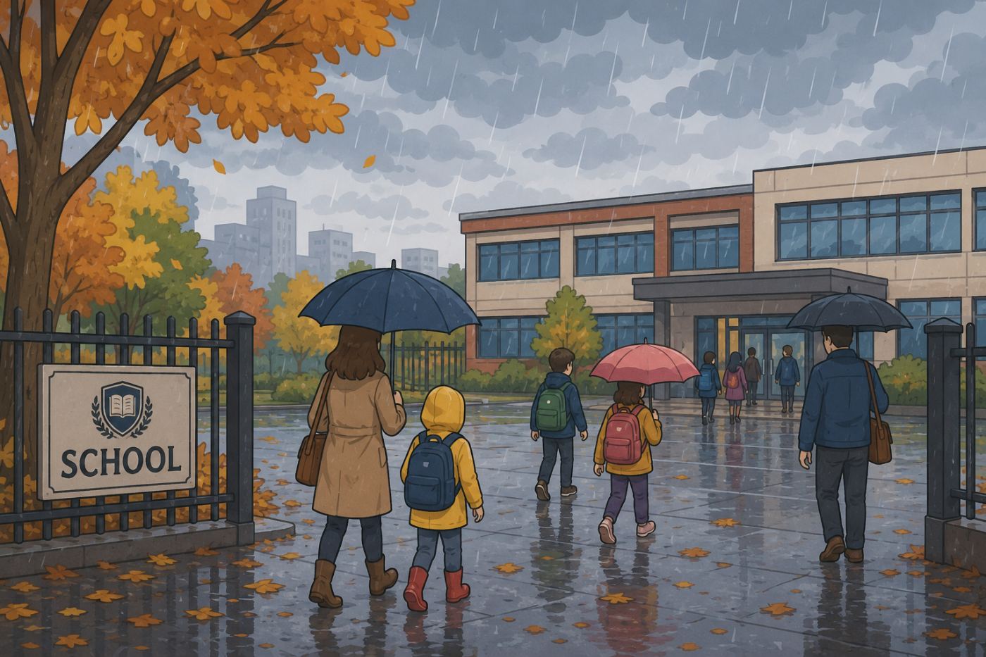 Families arriving at a school gate on a rainy autumn morning
