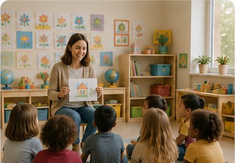 A teacher reading to young children in a bright classroom